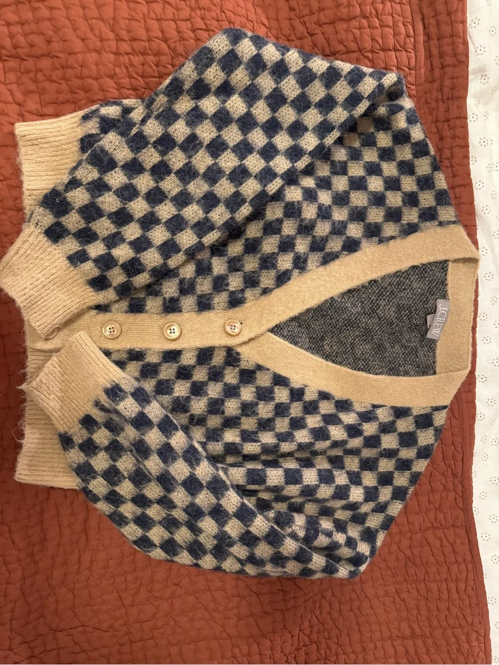 J Crew Beige and Navy Checkered V-Neck Button Cardigan Sweater - Picture 2 of 5